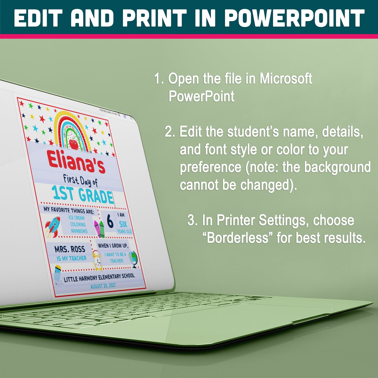 Editable First & Last Day of 1st Grade Sign, Printable Back to School Sign for Kids, PDF and PowerPoint, 16x20" Poster