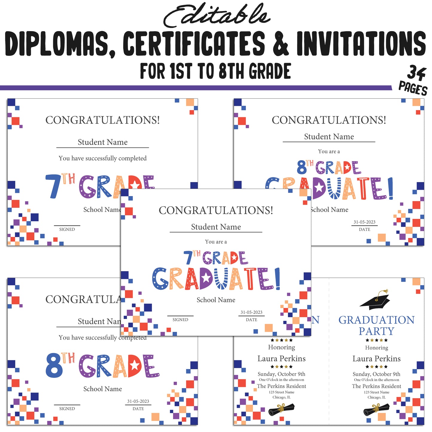 34 Editable First Grade Completion Certificate, 1st-8th Grade Diplomas & Invitation Templates, Simple Abstract-Themed, PDF Instant Download