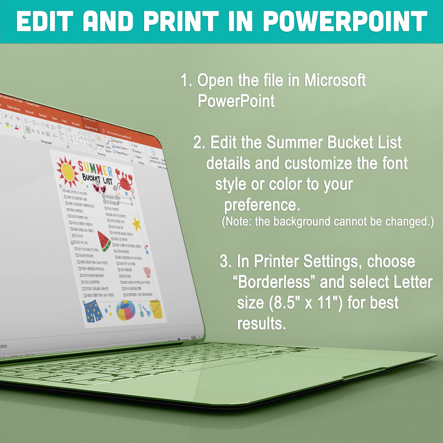 Summer Activity Checklist for Children: Editable Bucket List & Goals Planner PDF and PowerPoint Templates – Fun Black & White Pages Included