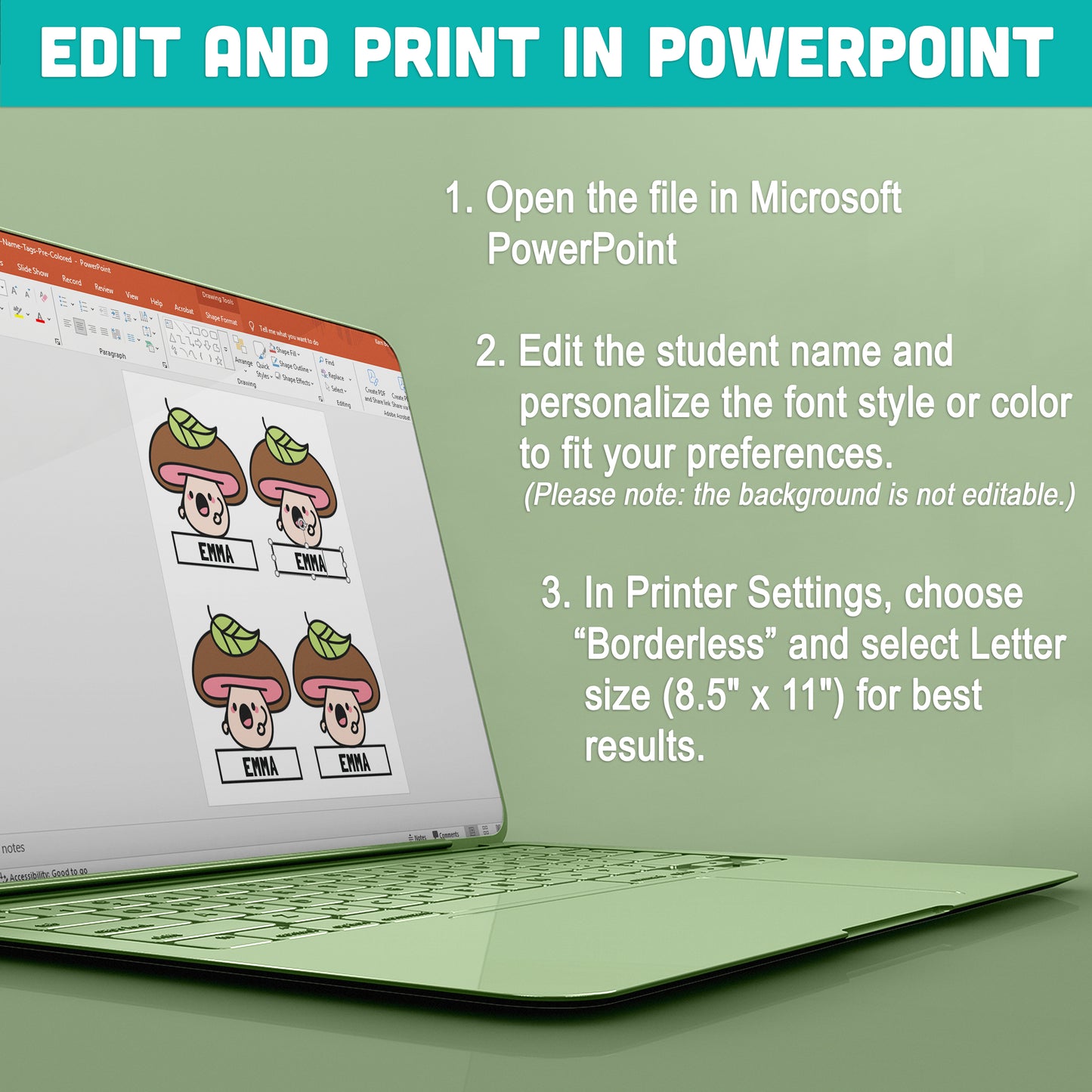 Cute Mushroom Themed Editable Locker Labels (Cubby Name Tags), PDF + PowerPoint, Back to School Name Tags, 4 per Page, 40 Pages