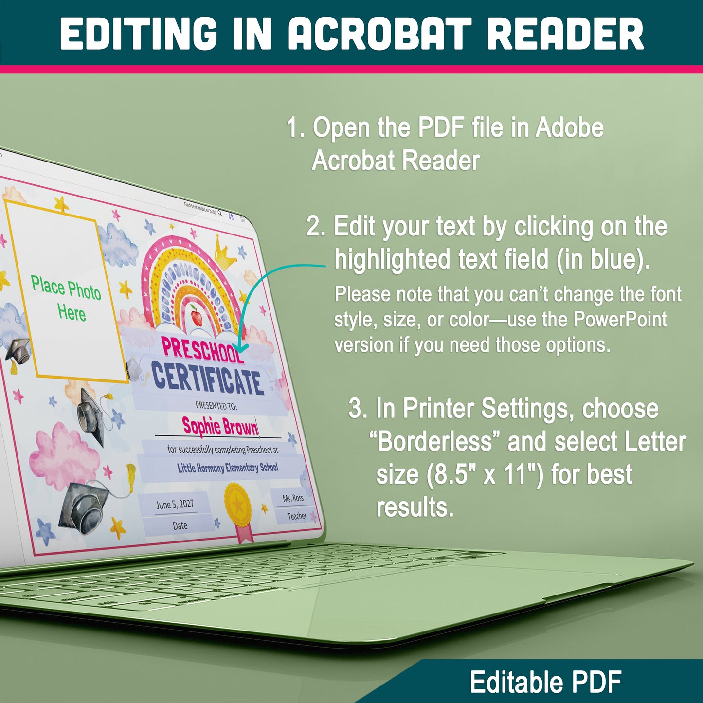 Editable Moving Up Certificate, Any Grade Promotion Award, Pre-K Preschool to 1stā8th & Beyond, PDF PowerPoint Templates, Photo Option