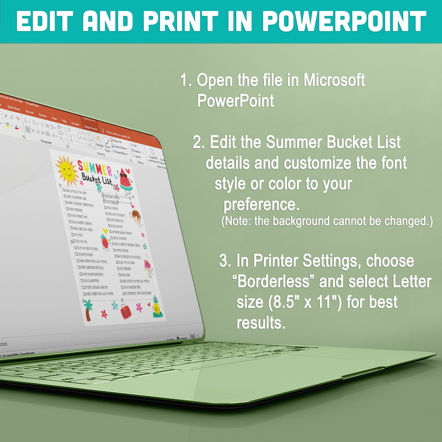 Summer Adventure List for Kids: Printable & Editable Template in PDF and PowerPoint, Includes Pre-Colored, Black and White, and Custom Blank Pages