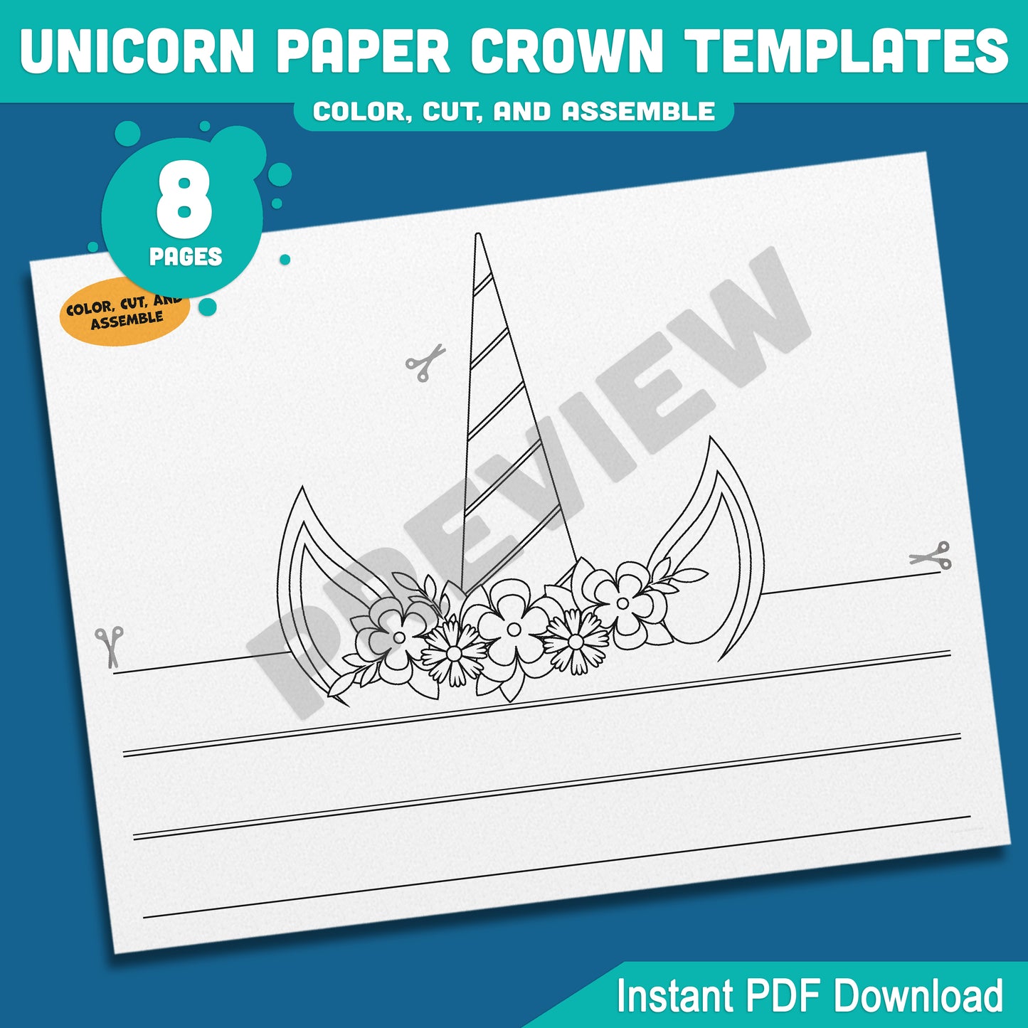 Unicorn Paper Crown Templates, Printable Headband Hat for Kids, 8 Pages, 4 Designs in Pre-Colored and Black & White, Instant PDF Download.
