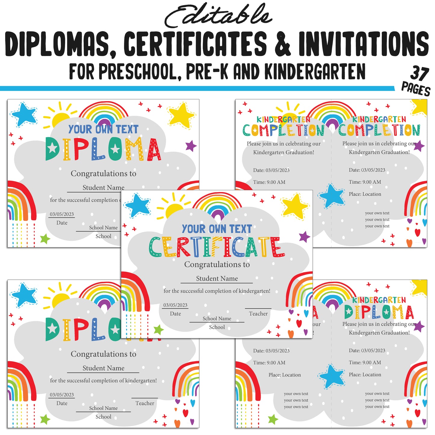 37 Editable Printable Pre-K, Kindergarten, and Preschool Diplomas, Certificates, and Invitation Templates (PDF File) - Instant Download