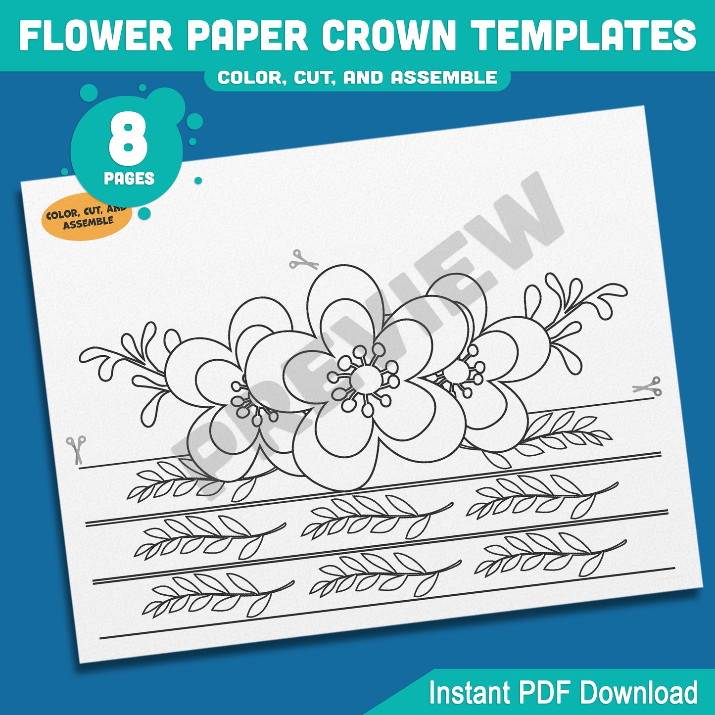 Spring Flower Paper Crown Templates: 4 Cute Hat Designs for Kids in Color and Black & White, Fun Printable Headbands, 8 Pages PDF