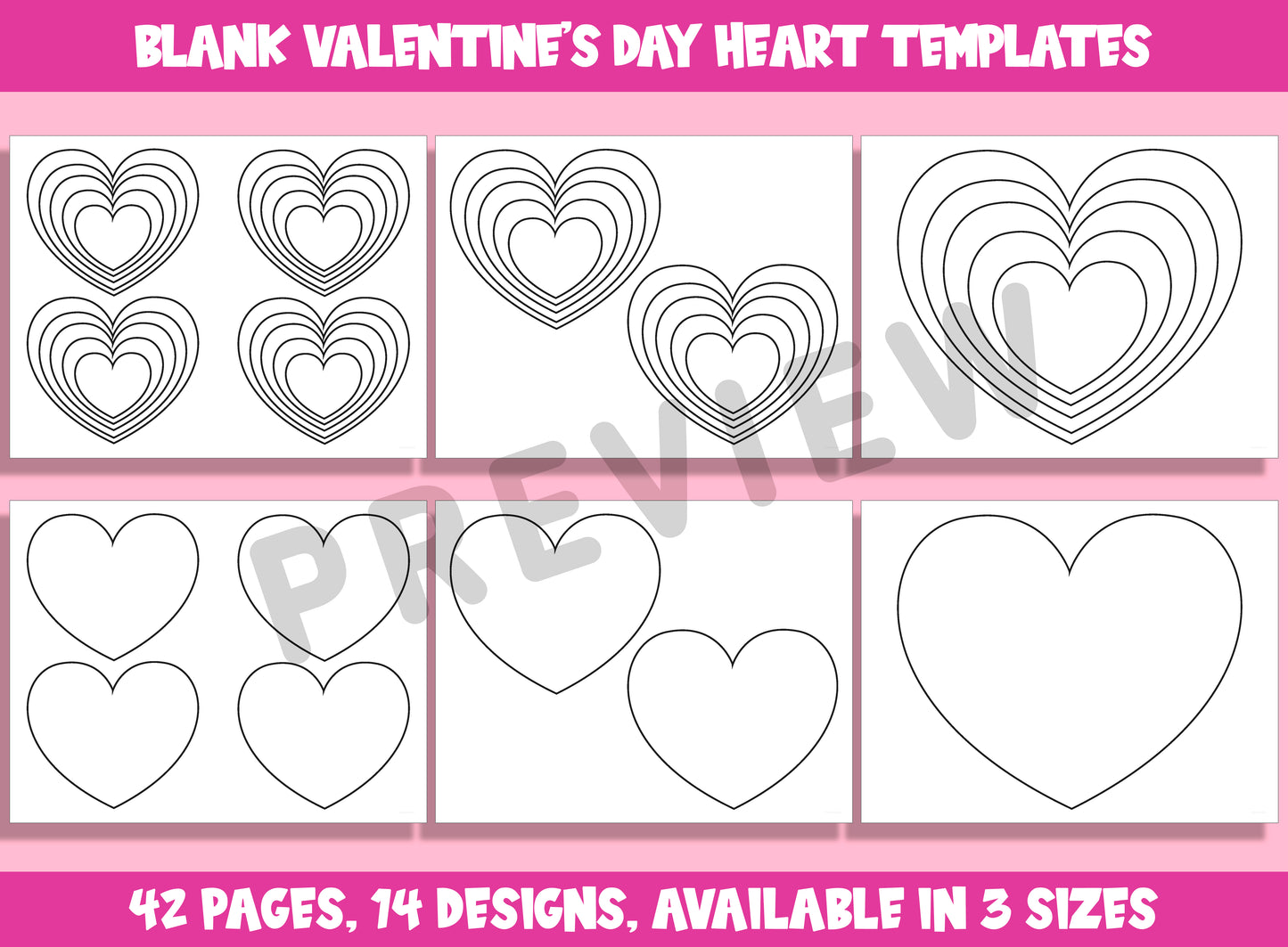 Blank Valentine's Day Heart Templates, Coloring Clipart Bundle, 42 Pages, 14 Designs, Available in 3 Sizes, PDF File, Instant Download
