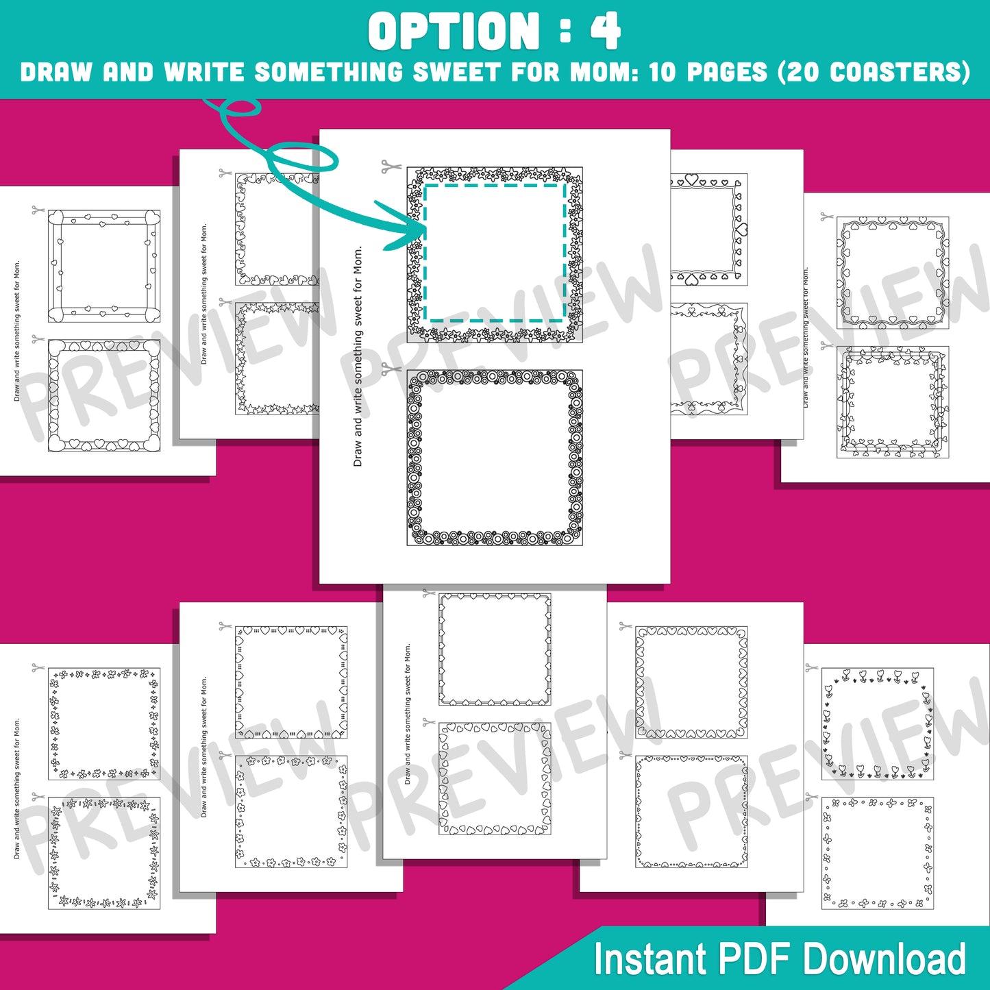 Mother's Day Kids' Craft: 64 Printable 4.25" Tile Coasters to Color, Draw, and Write with Animal Mom Designs in 4 Fun Activities