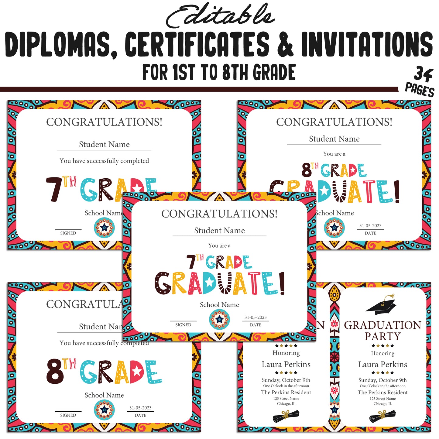 Printable 8th Grade Diplomas, Editable 1st-8th Grade Certificates, Invitation Templates in Tribal Mandala Design, 34 Pages, Instant Download