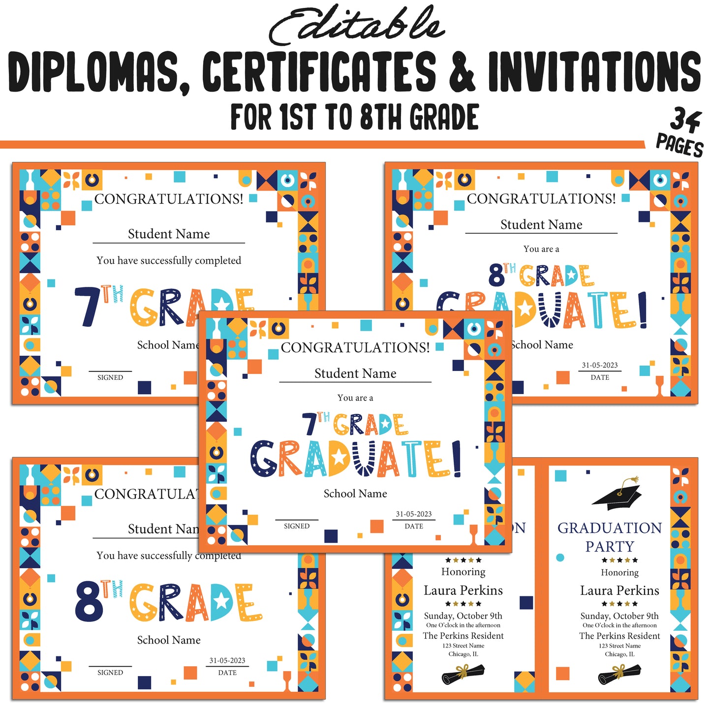 Editable Diplomas for 3rd Grade, Certificates for 1st-8th Grade, and Invitation Templates in a Mosaic Theme - 34 Pages, PDF Instant Download