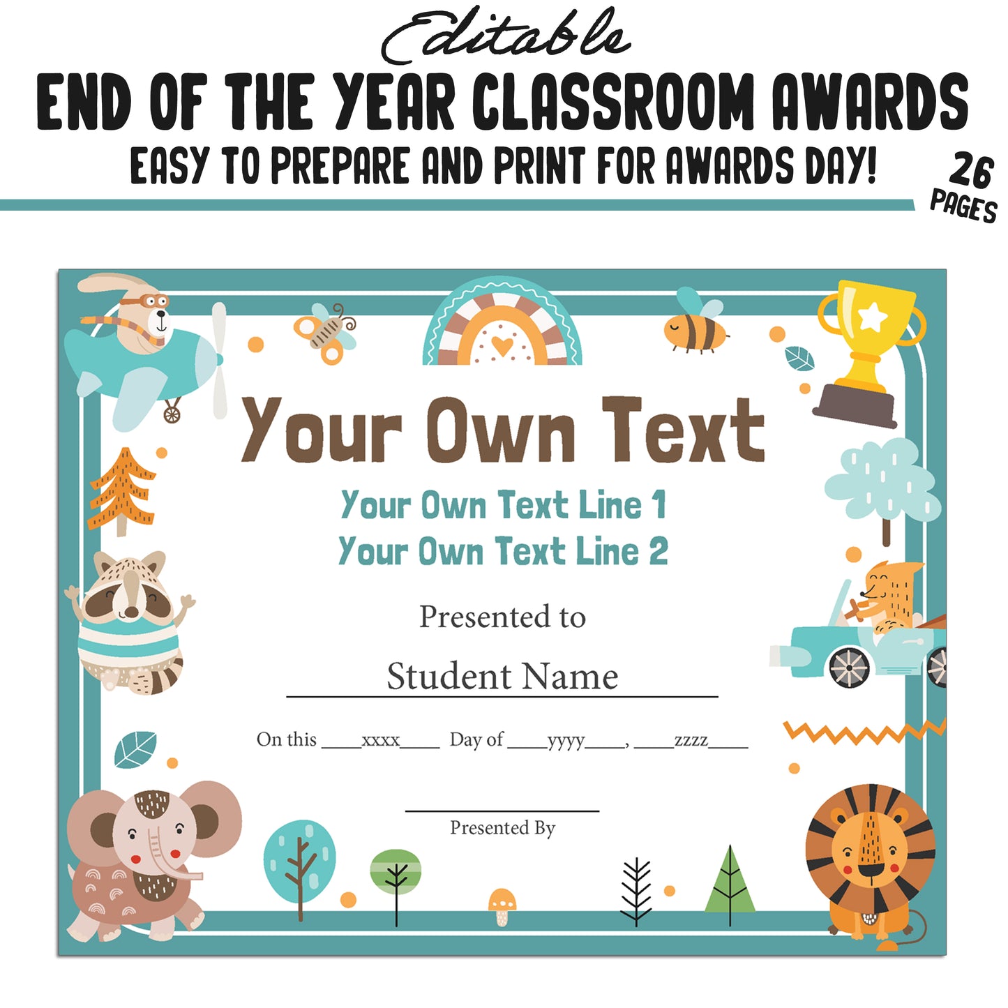 Editable End-of-Year Class Superlatives Awards Certificates for Pre-K or Kindergarten Graduation, 26-Page PDF File, Instant Download