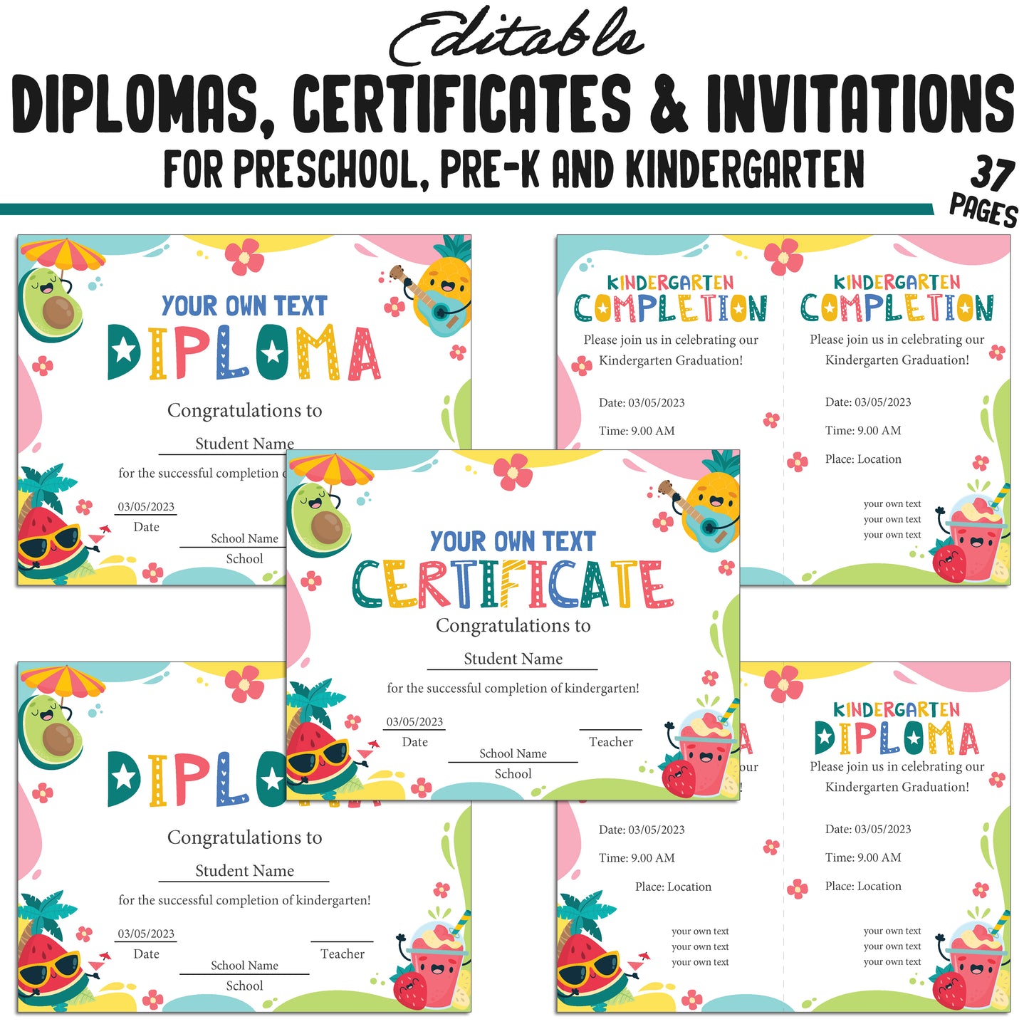 37 Summer-Themed Pre-K, Kindergarten, and Preschool Diplomas, Certificates, and Invitation Templates (PDF) - Instant Download