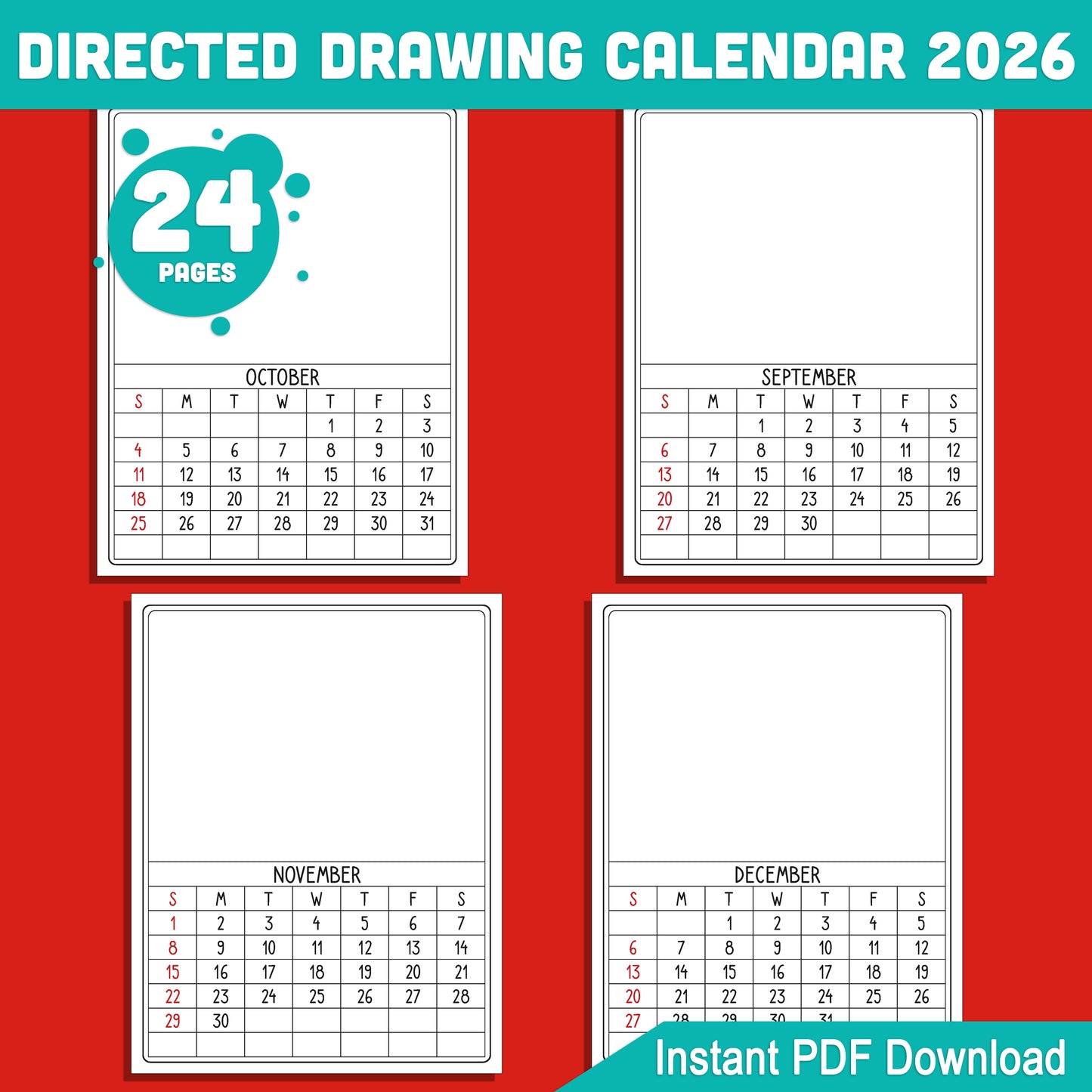 How to Draw Calendar 2026: 12 Months of Directed Drawing Fun, Perfect Christmas Gift for Parents & Kids, Printable PDF Download