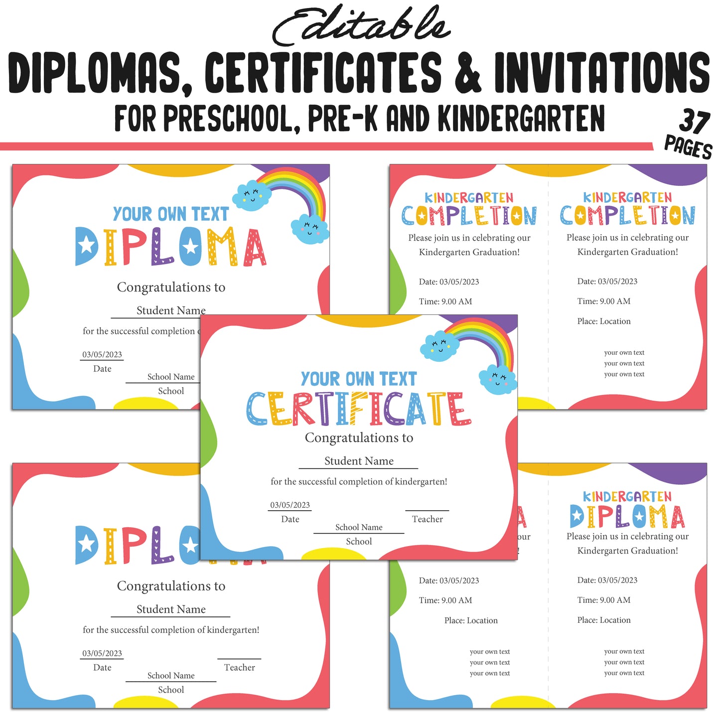 37 Editable Kindergarten, Pre-K, and Preschool Diplomas, Certificates of Completion, and Invitations β Instant PDF Download!