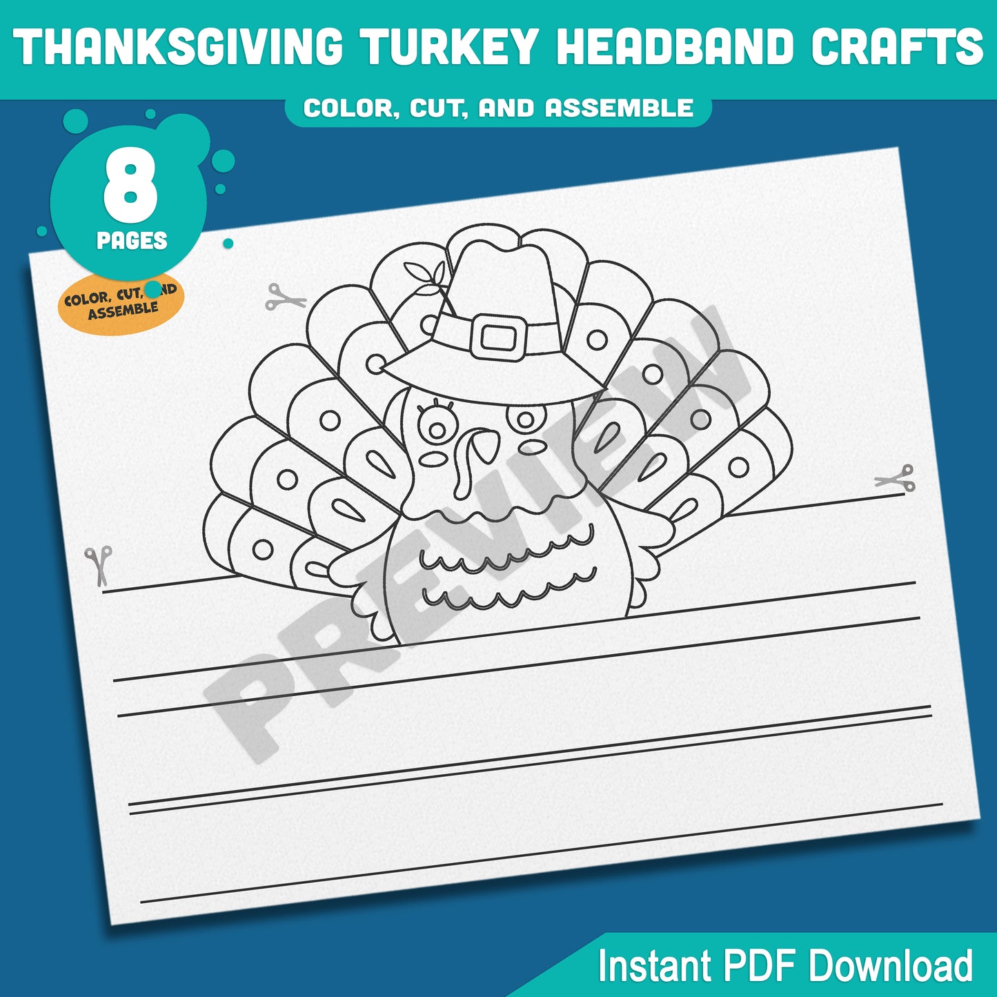 Printable Thanksgiving Turkey Headband Crafts, Fall Paper Crown Hat for Kids, Color, Cut & Wear Autumn Activity, 5 Turkey Designs, Pre-colored + Black & White, PDF