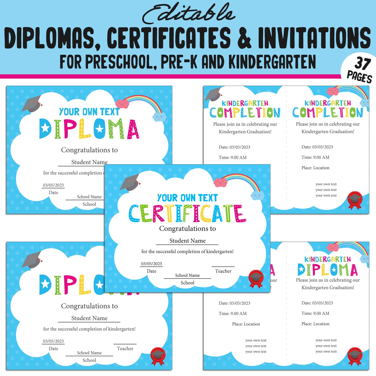 37 Editable Pre-K, Preschool, and Kindergarten Diplomas, Certificates, and Invitations β Instant PDF Download!
