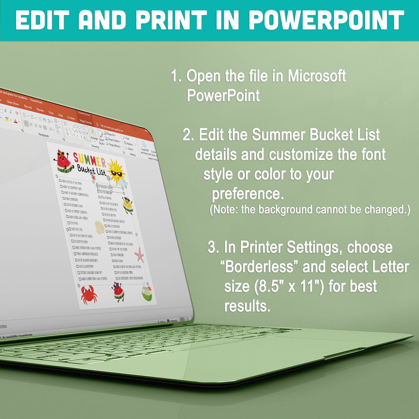 Student Summer Bucket List Template: Fun End-of-Year Classroom Activity, Editable PDF & PowerPoint, Black & White & Color Pages