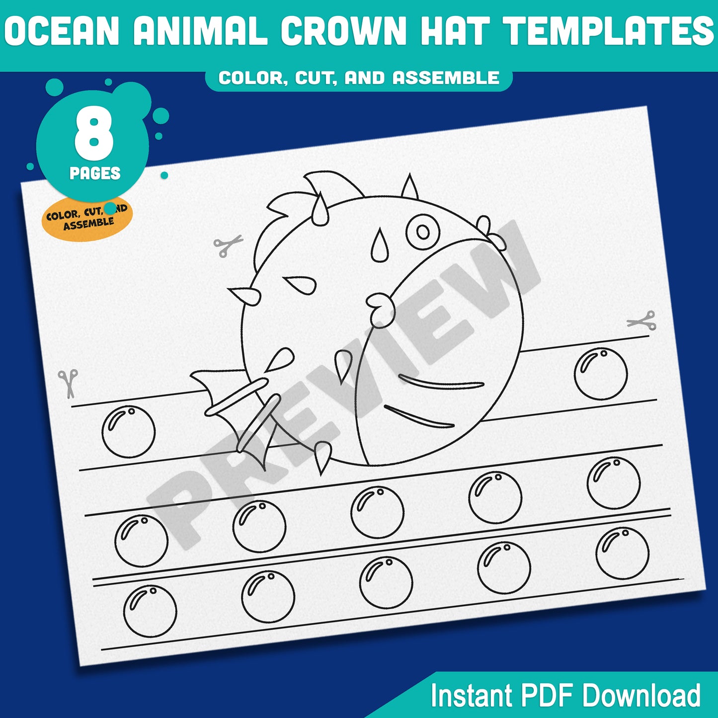 Ocean Animal Crown Hat Templates, Fun Printable Headband Craft for Kids – 8 Pages with Pre-Colored + Black & White, PDF for Teachers & Parents