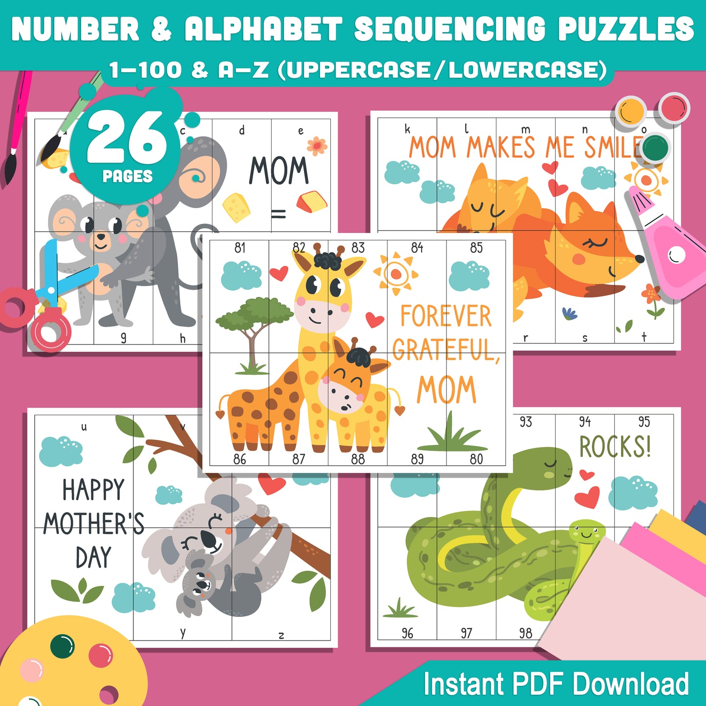 Mother’s Day Themed Number & Alphabet Sequence Puzzles: 1-100 and A-Z (Upper & Lowercase), Printable for Preschool and Kindergarten Activities