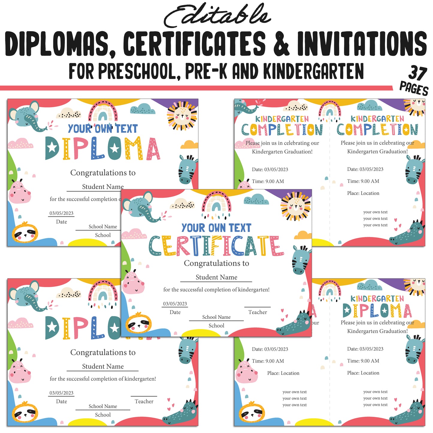 Editable Kindergarten, Pre-K, and Preschool Completion Certificates, Diplomas & Invitations Backgrounds, PDF Files, Instant Download