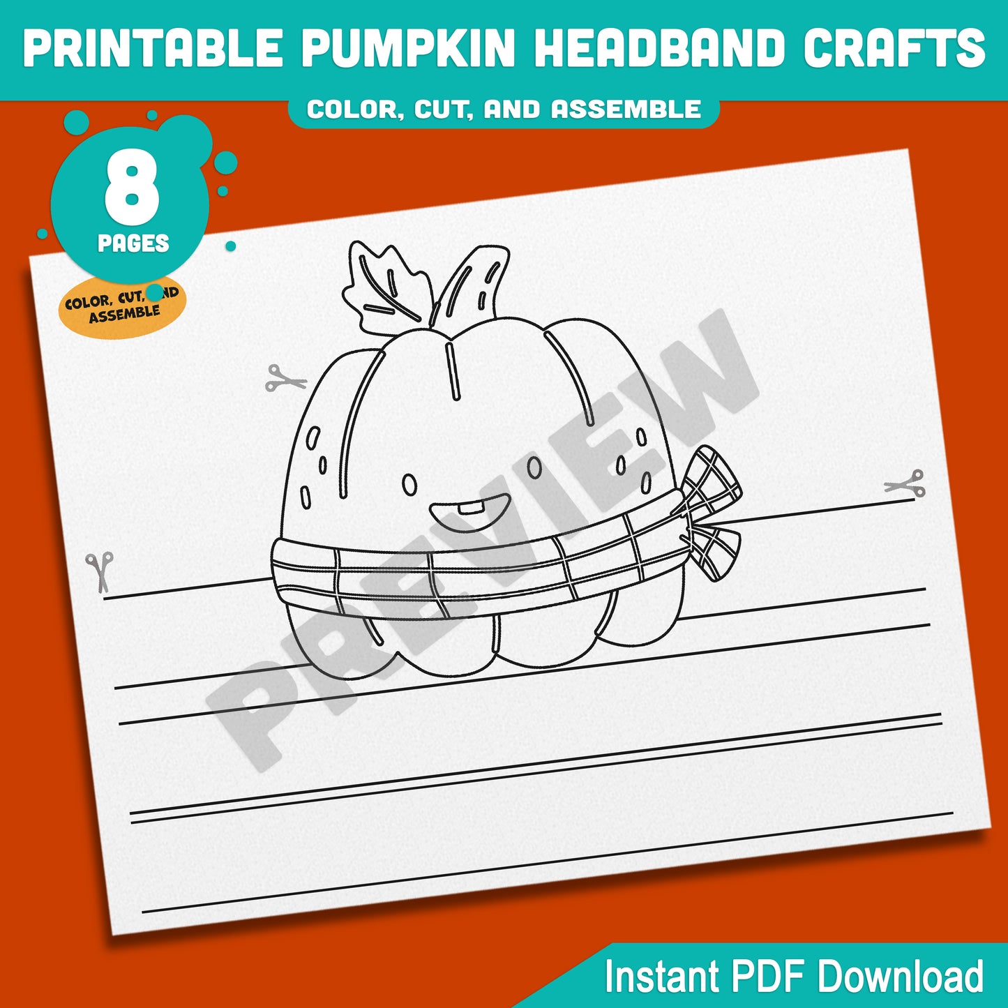 Printable Pumpkin Headband Crafts, Autumn Paper Crown and Hat Coloring Activity, Cut, Color & Wear for Kids, 5 Designs, Pre-colored + Black & White, PDF Download