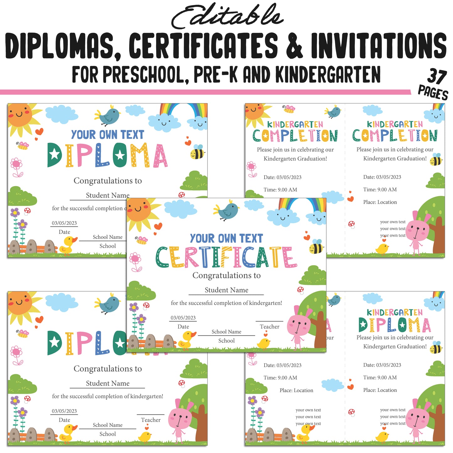 37 Editable Pre-K Completion Certificates, Kindergarten, Preschool Diplomas & Invitation Templates, Cute Spring-Themed, PDF Instant Download