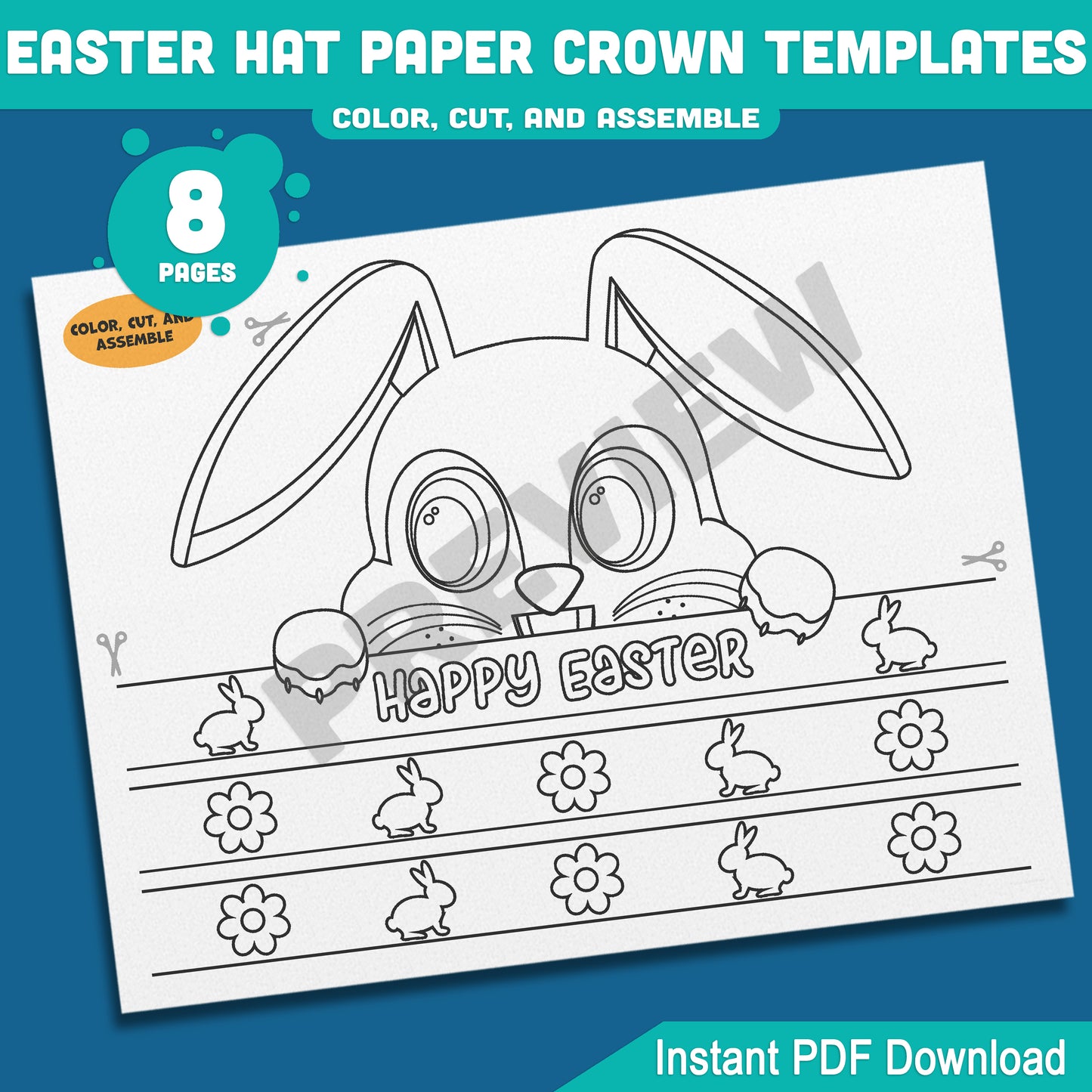 DIY Easter Hat Paper Crown, 8-Page Printable Kids Craft with 4 Fun Headband Designs, Bunny & Chick Theme, Pre-Colored & Coloring Options.