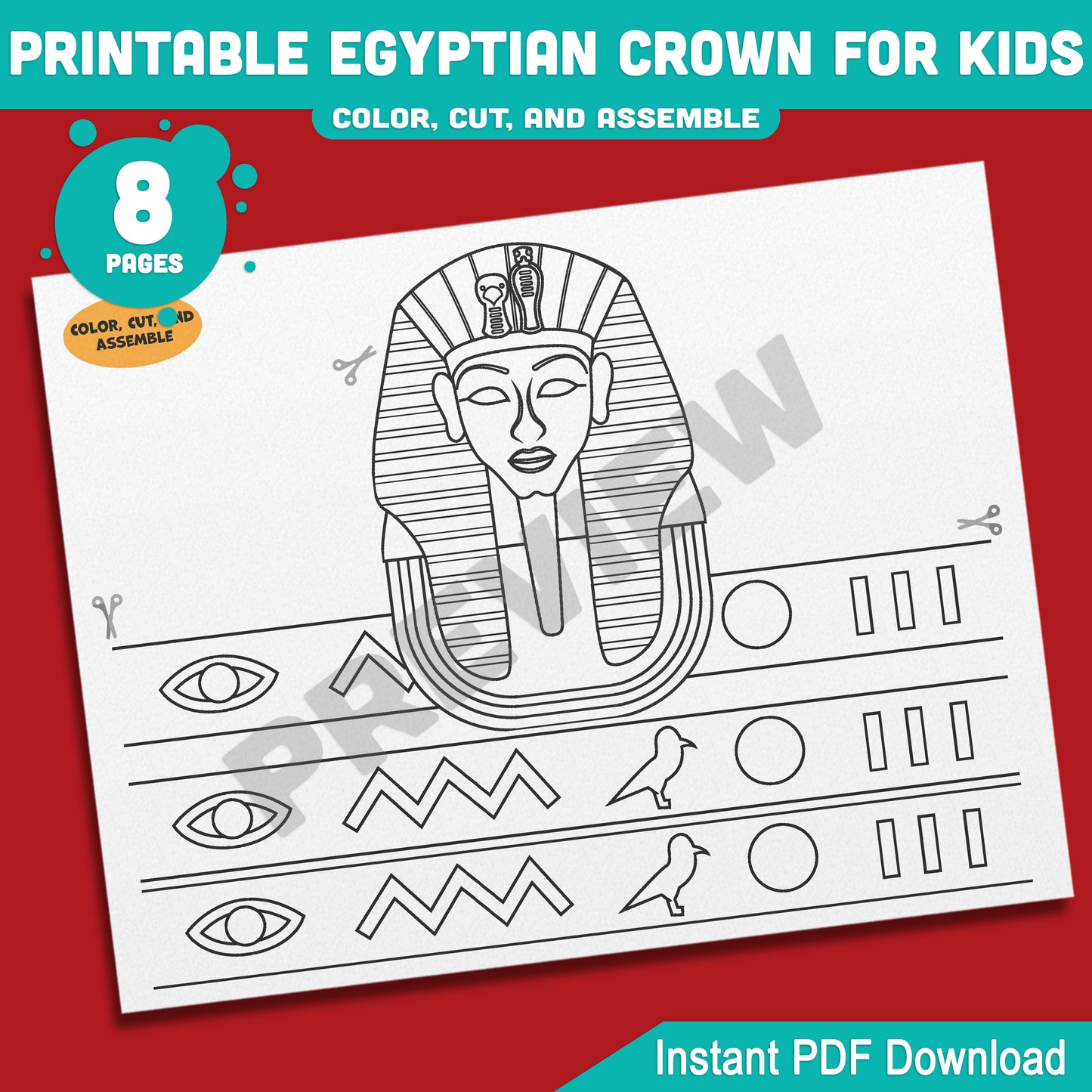 Printable Egyptian Crown for Kids, Pharaoh Cleopatra Sphinx Anubis Paper Hat and Headband Crafts, Fun Color Cut & Wear Activity, 5 Designs, PDF
