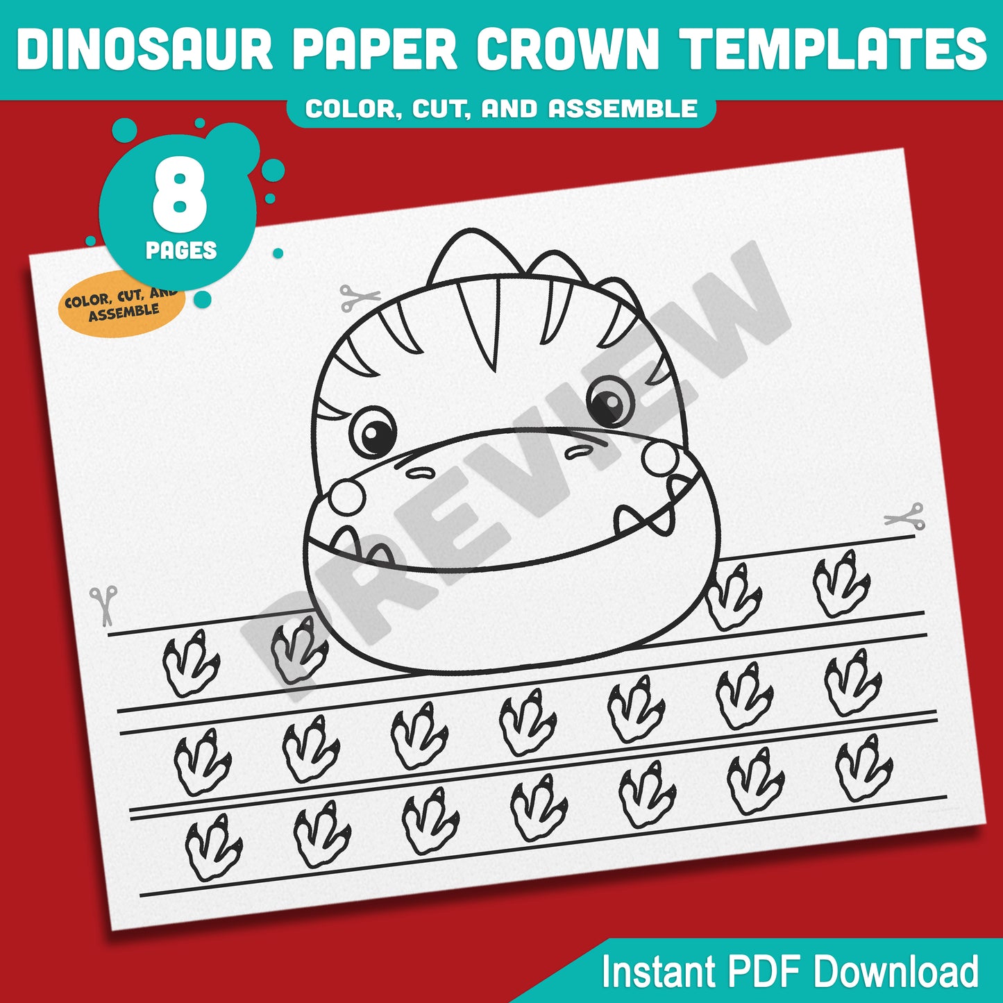 Dinosaur Paper Crowns for Kids – 4 Printable Hat and Headband Designs in Color and Black & White, 8-Page Craft Download, PDF Format