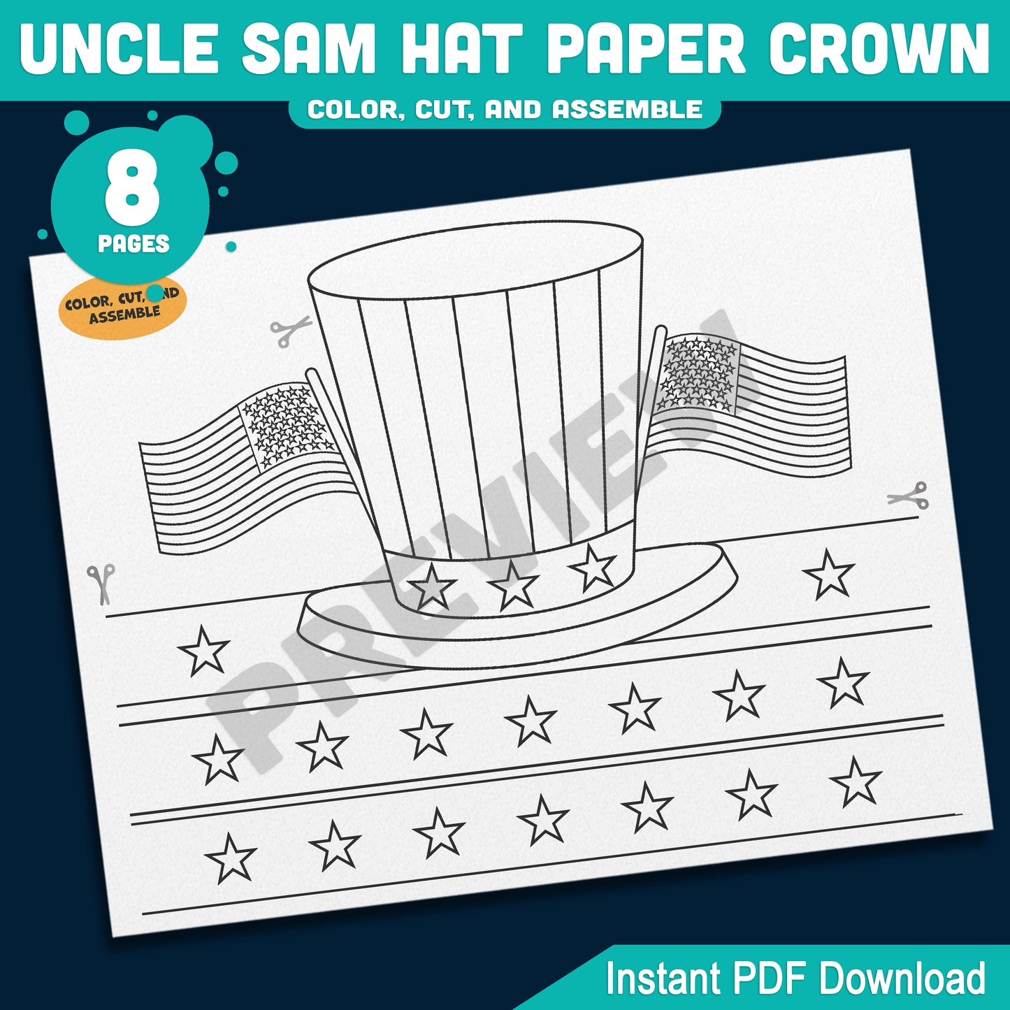 Uncle Sam Paper Hat Crown – Fun USA Patriotic Headband for Preschool & Kindergarten, Party Craft for July 4th or Veterans Day, PDF Download