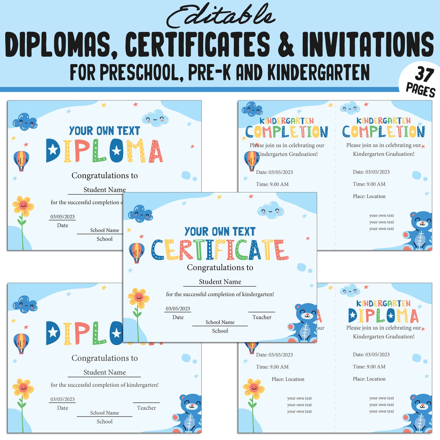 Preschool Diploma Template, PreK, Preschool, Kindergarten Diplomas, Certificates & Invitations β 37 Customizable PDF Pages, Instant Download