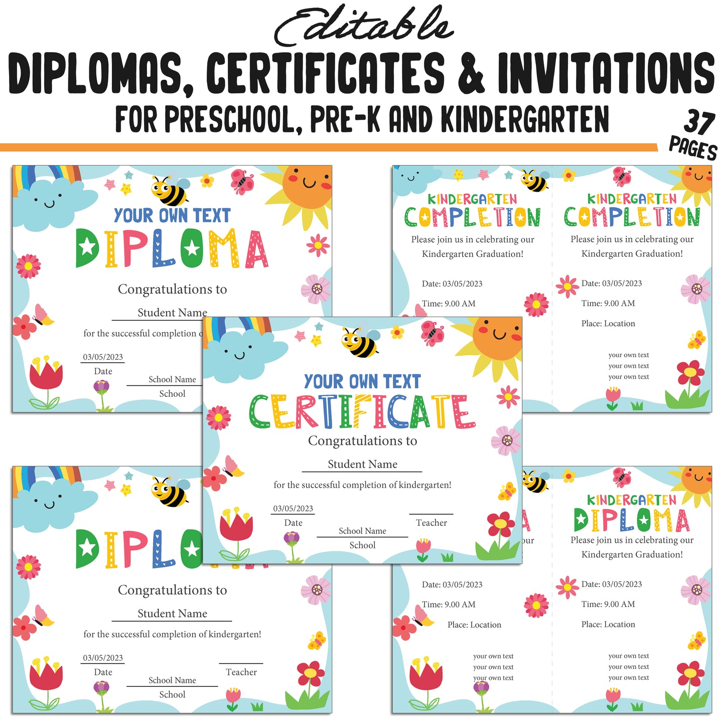 Printable Pre-K, Kindergarten, and Preschool Diplomas, Certificates, and Invitation Templates, Colorful Spring-Themed, PDF Instant Download.
