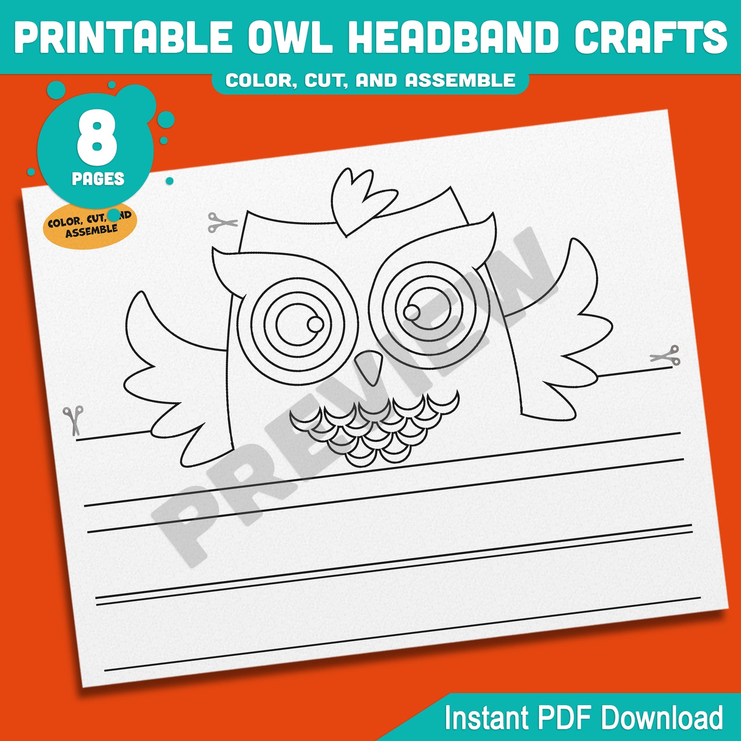 Printable Owl Headband Crafts, Autumn Paper Crown Hat Activity, Fun Cut, Color & Assemble Craft for Kids, 5 Owl Designs, Pre-colored + Black & White, PDF Download