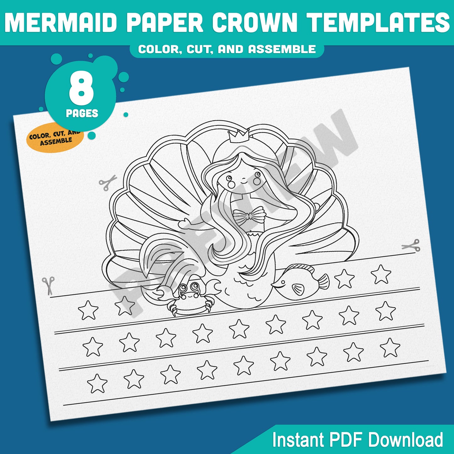 Mermaid Paper Crown, Hat, and Headband Craft for Kids – Fun Printable Designs in Color & Black and White, Instant 8-Page PDF Download