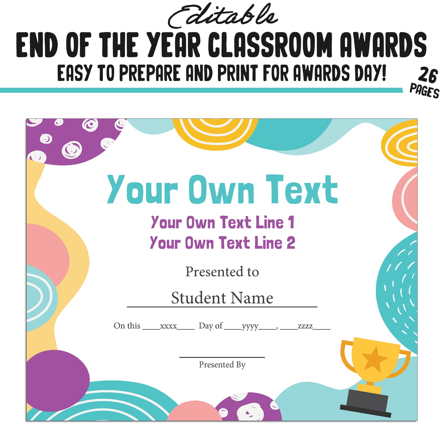 Editable and Fun End of Year Class Awards for Students, 26 Pages, PDF, Instant Download β Perfect for Classroom and Student Achievements