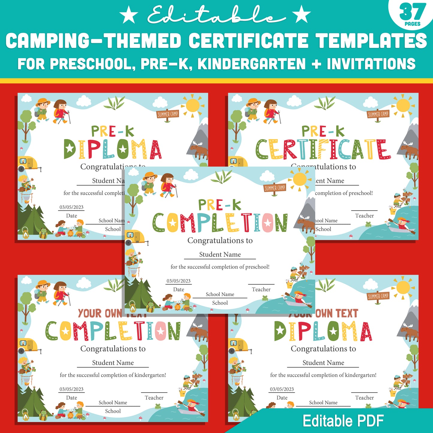 Preschool to Kindergarten Camping Certificate Pack β 37 Editable Templates with Diplomas & Invitations, Fun Outdoor Theme PDF Download