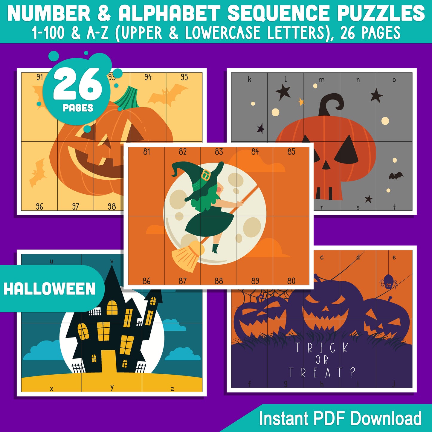 Halloween Number and Alphabet Puzzles: 1-100 and A-Z Sequencing Activities for Toddlers, Preschool, and Kindergarten – Printable PDF for Math Centers