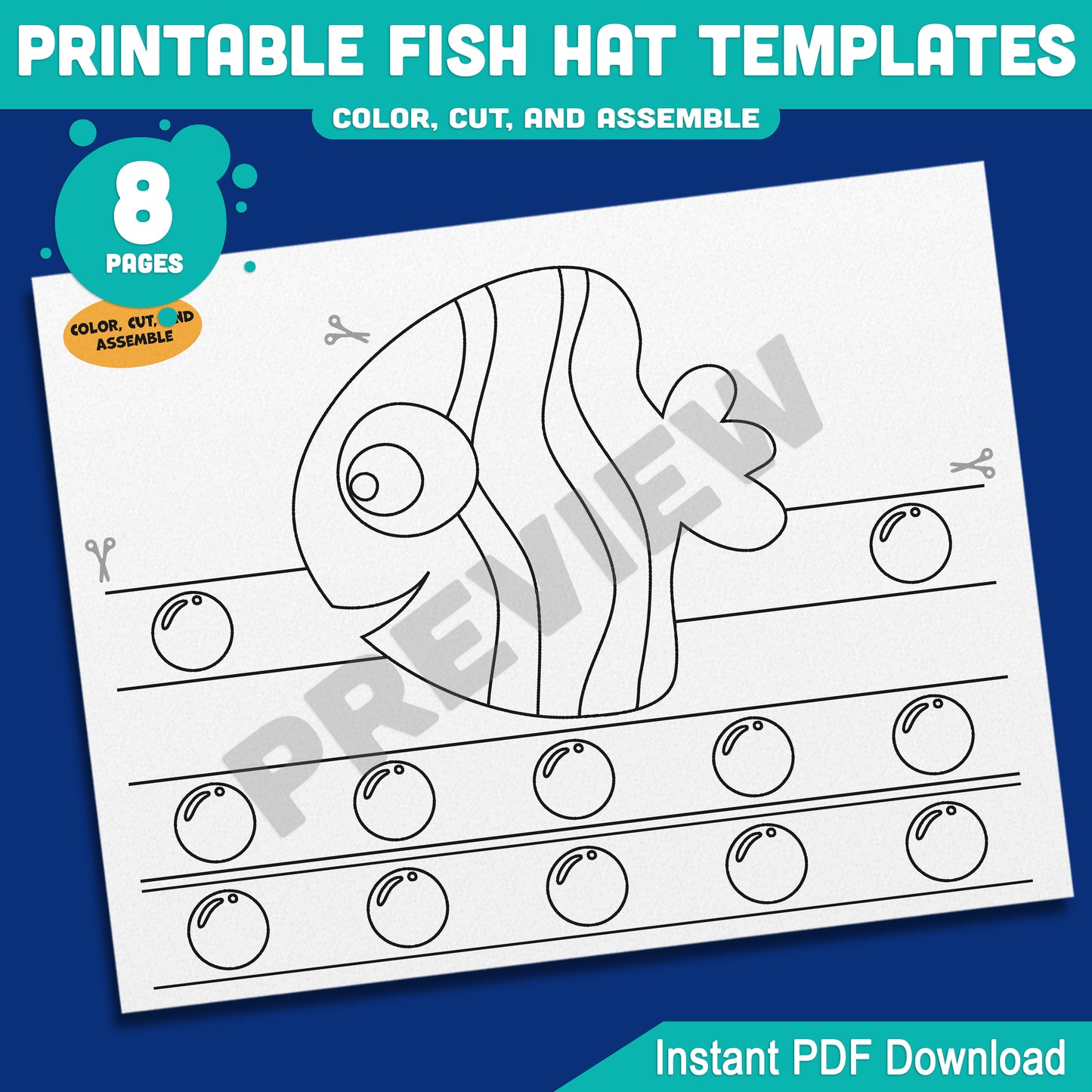 Printable Fish Hat Templates – 8 Fun Paper Crowns with Pre-Colored + Black & White Options, Perfect for Kids’ Ocean Craft and Pretend Play