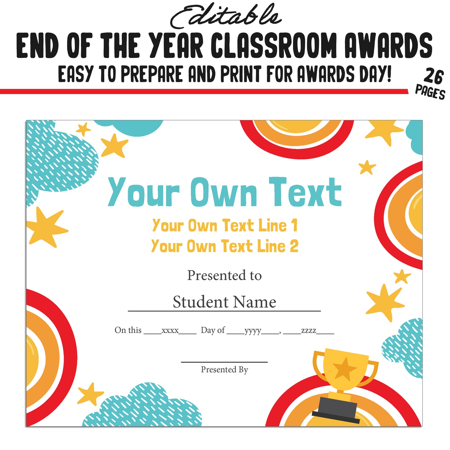 Editable, Fun, Unique End-of-Year Class Awards for Students, 26 Pages, PDF, Instant Download β Perfect for Classroom & Student Achievements