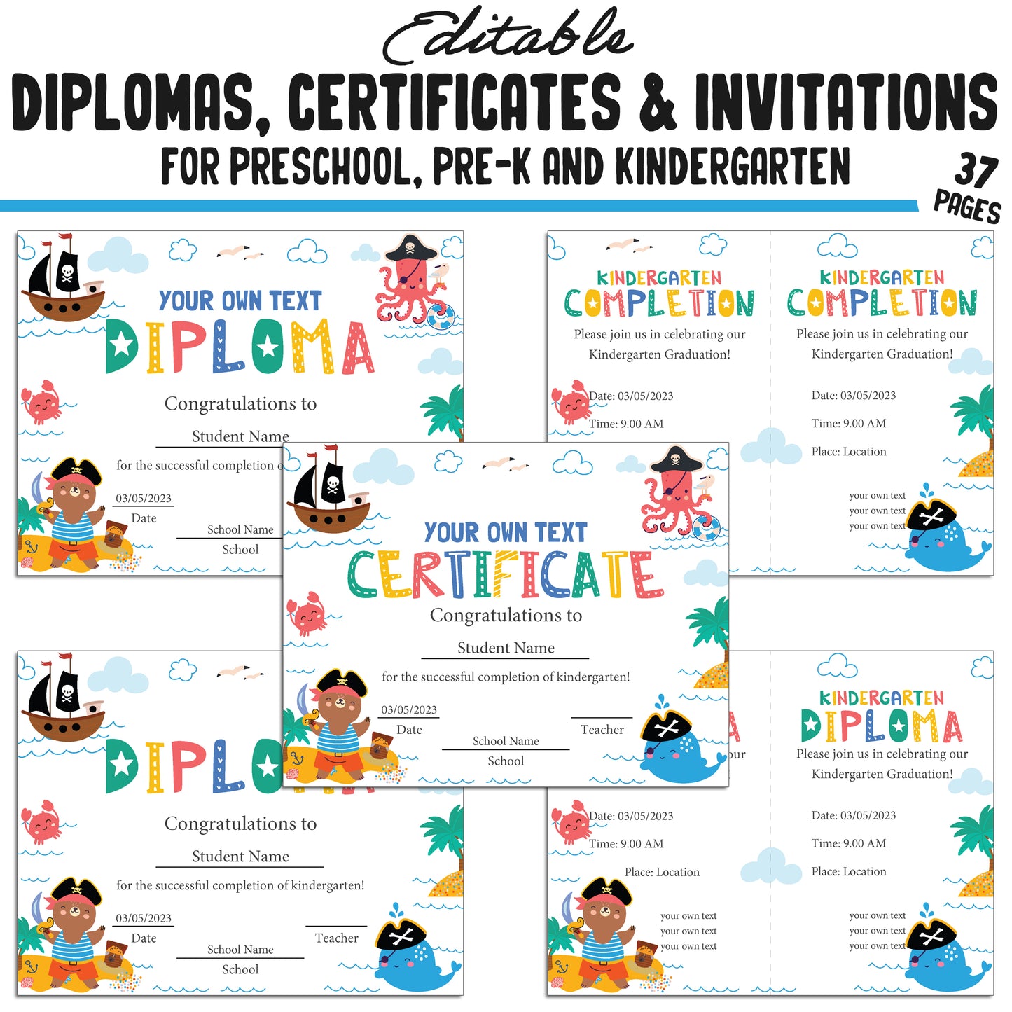 Printable / Editable Kindergarten, Pre-K, Preschool Completion Certificates, Diplomas & Invitations, PDF Files, Instant Download