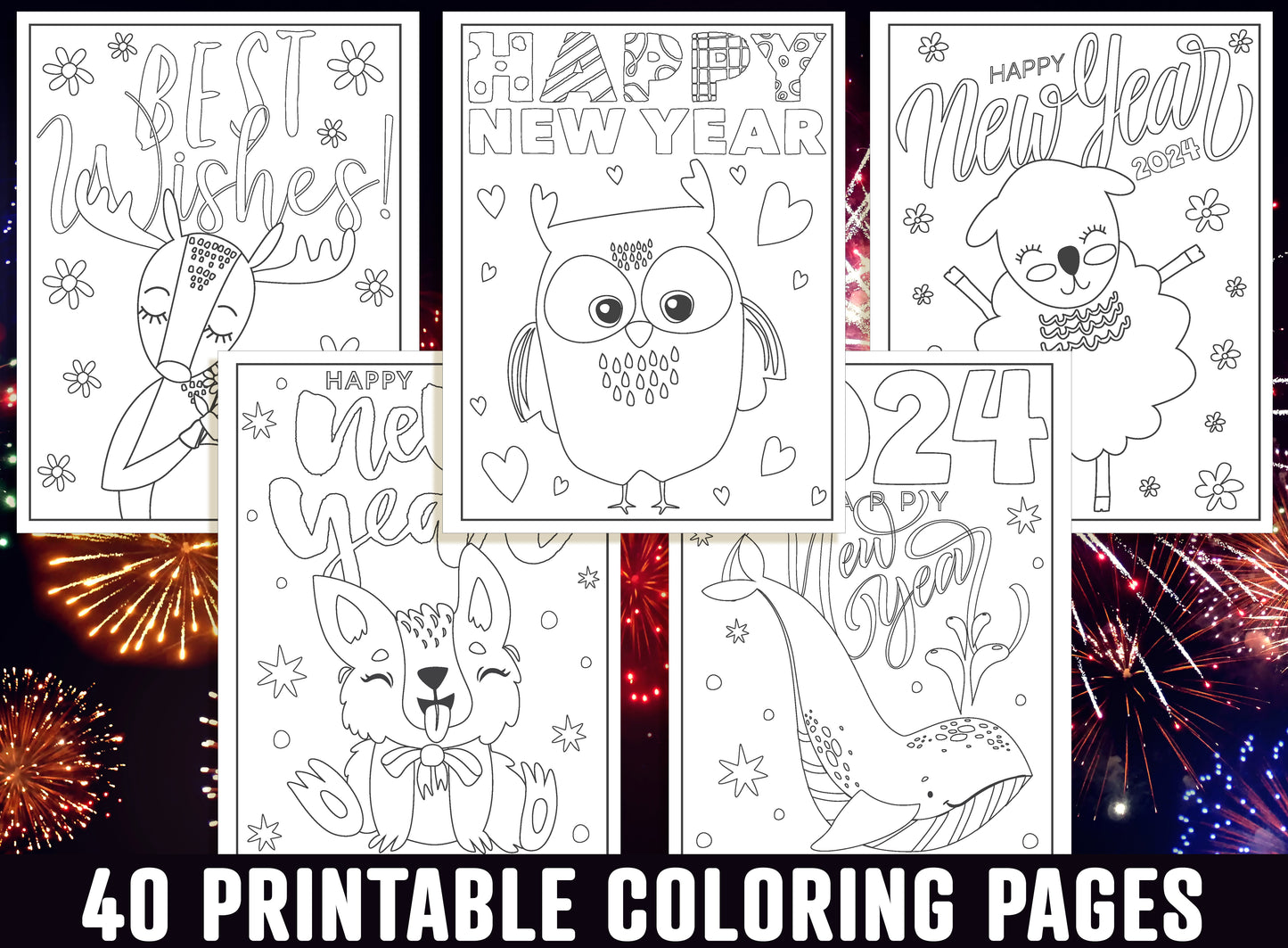 2024 New Year Coloring Pages, 40 Printable Happy New Year Coloring Pages for Kids, Boys, Girls, Teens. New Year Party Activity, PDF Download