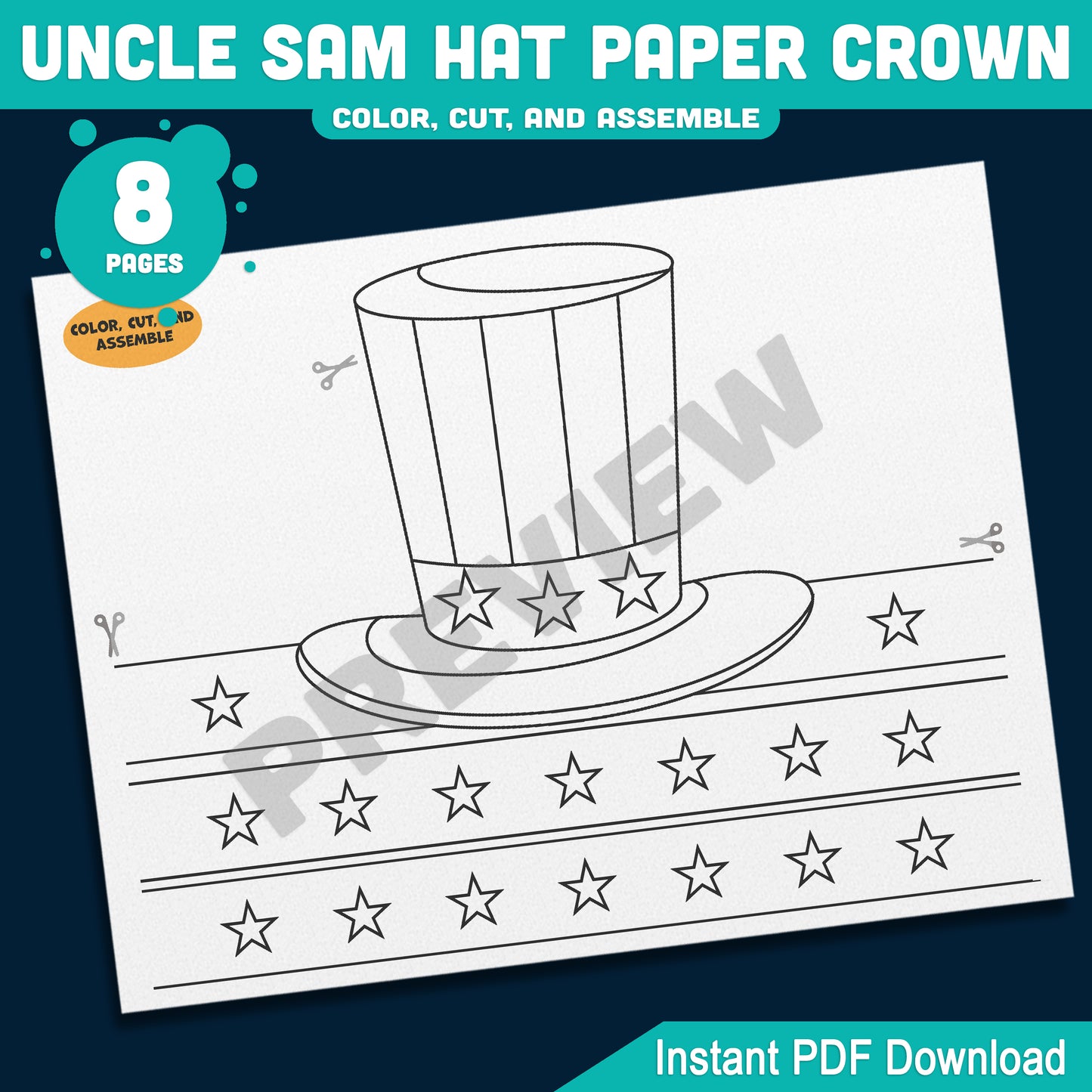 Uncle Sam Paper Hat Crown – Fun USA Patriotic Headband for Preschool & Kindergarten, Party Craft for July 4th or Veterans Day, PDF Download