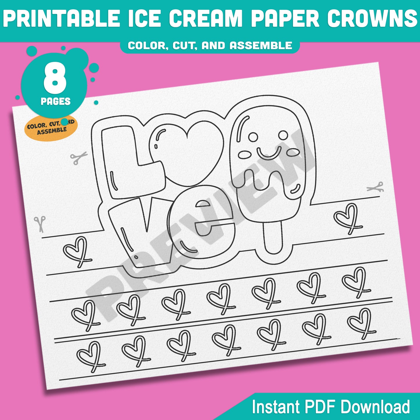 Ice Cream Crown Headbands & Hats for Summer Fun – Printable Kids Activity, 4 Cute Designs, Pre-Colored + Black & White, 8 Pages PDF