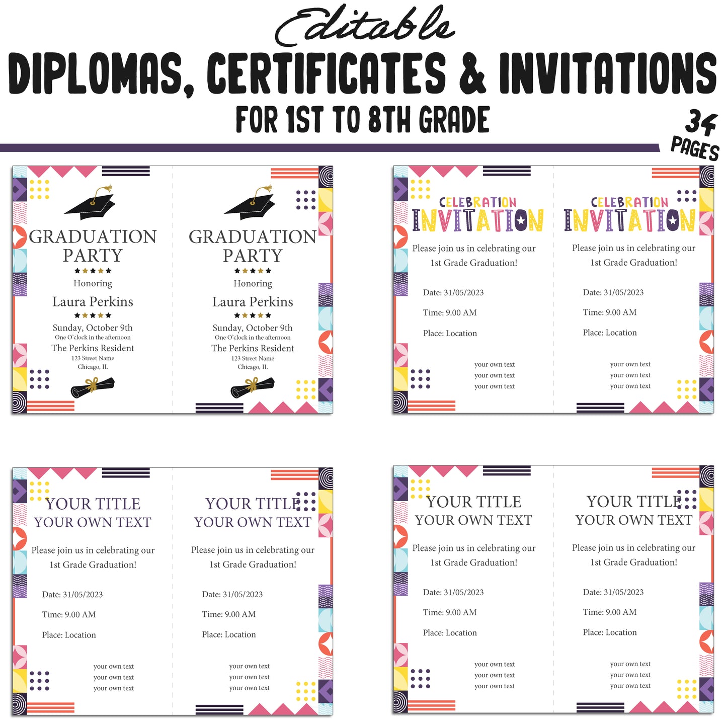 Editable 2nd Grade Diplomas, 1st-8th Grade Certificates, and Invitation Templates in a Mosaic Theme - 34 Pages, PDF Instant Download