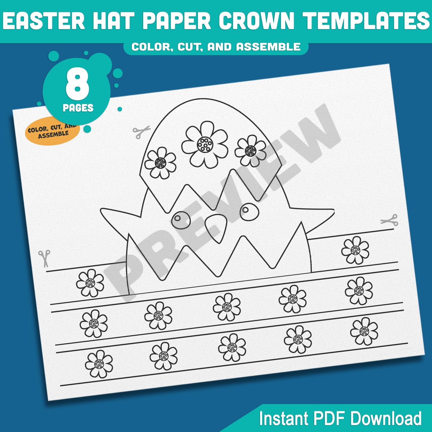 DIY Easter Hat Paper Crown, 8-Page Printable Kids Craft with 4 Fun Headband Designs, Bunny & Chick Theme, Pre-Colored & Coloring Options.