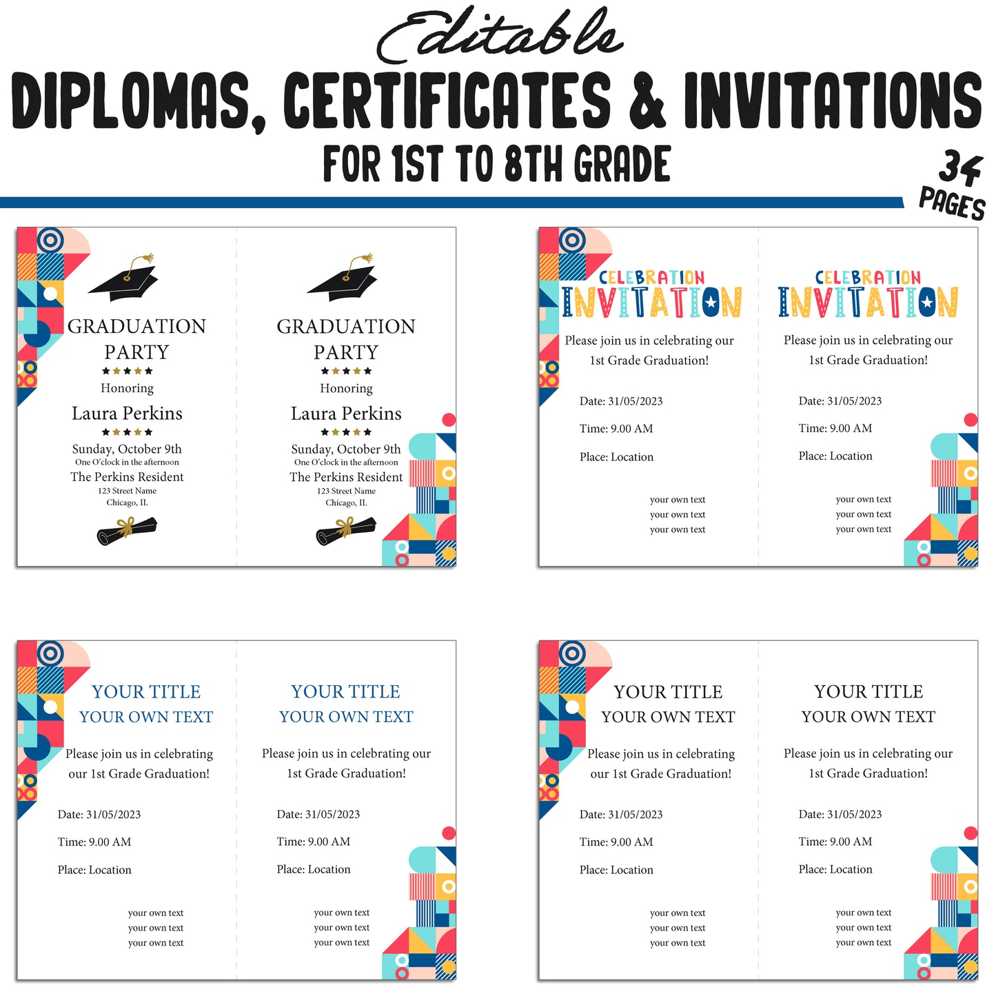 Printable 6th Grade Diplomas, Editable Certificates for 1st-8th Grades, Invitation Templates in Colorful Design, 34 Pages, Instant Download