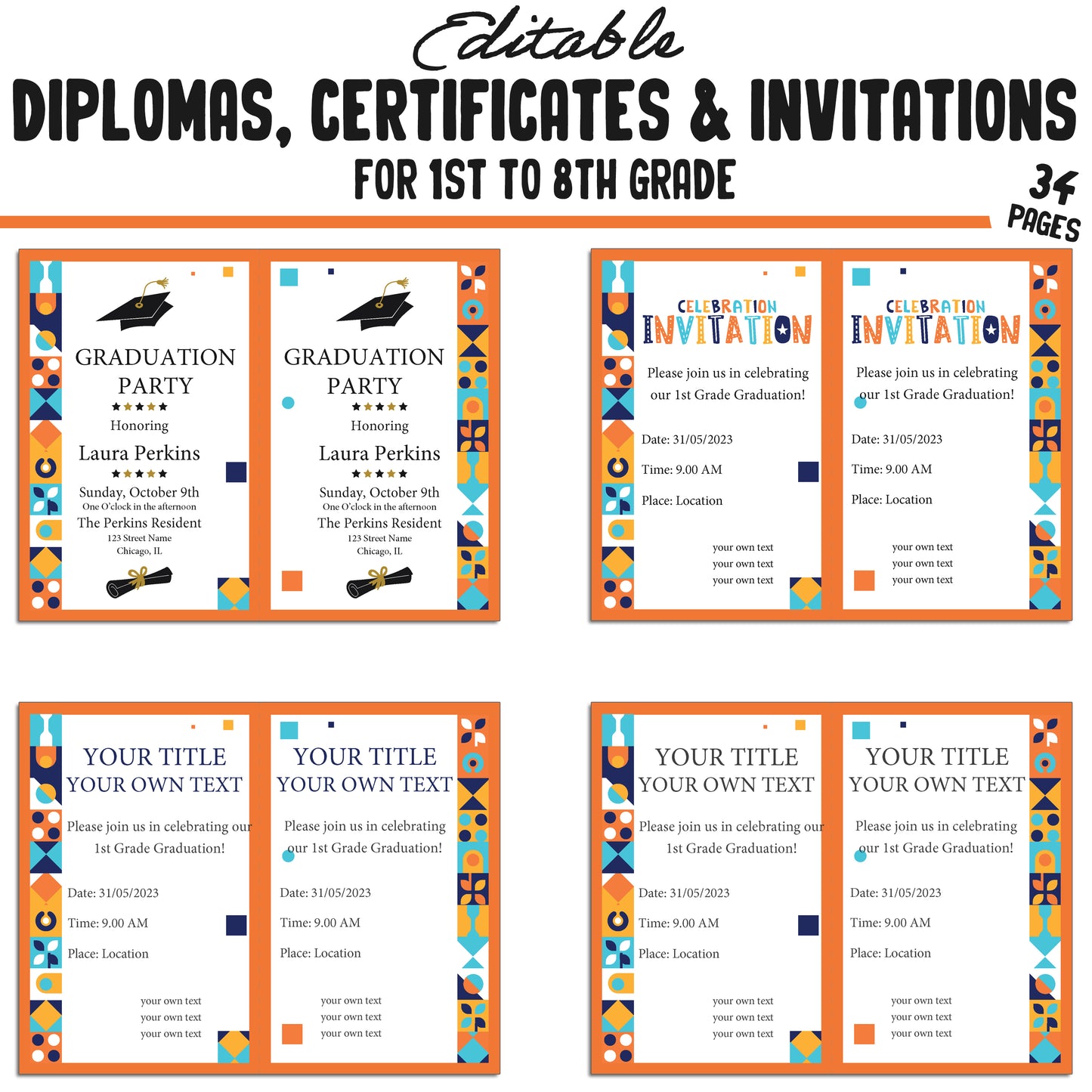 Editable Diplomas for 3rd Grade, Certificates for 1st-8th Grade, and Invitation Templates in a Mosaic Theme - 34 Pages, PDF Instant Download