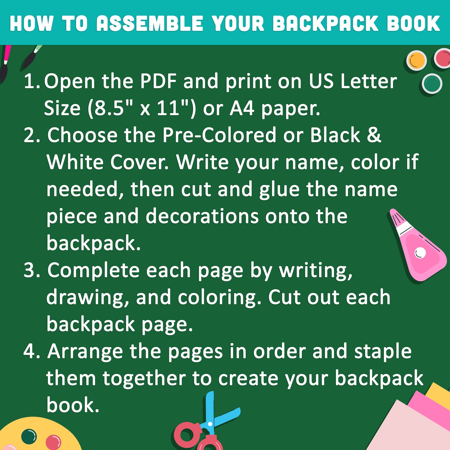 All About Me Backpack Book Craft, Back to School Worksheet, Writing & Craft Activity, 17 Page Student Printable, PDF Download