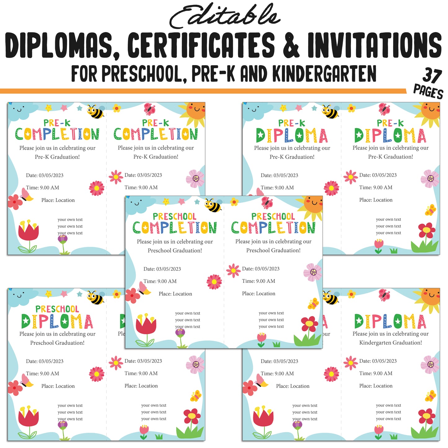 Printable Pre-K, Kindergarten, and Preschool Diplomas, Certificates, and Invitation Templates, Colorful Spring-Themed, PDF Instant Download.