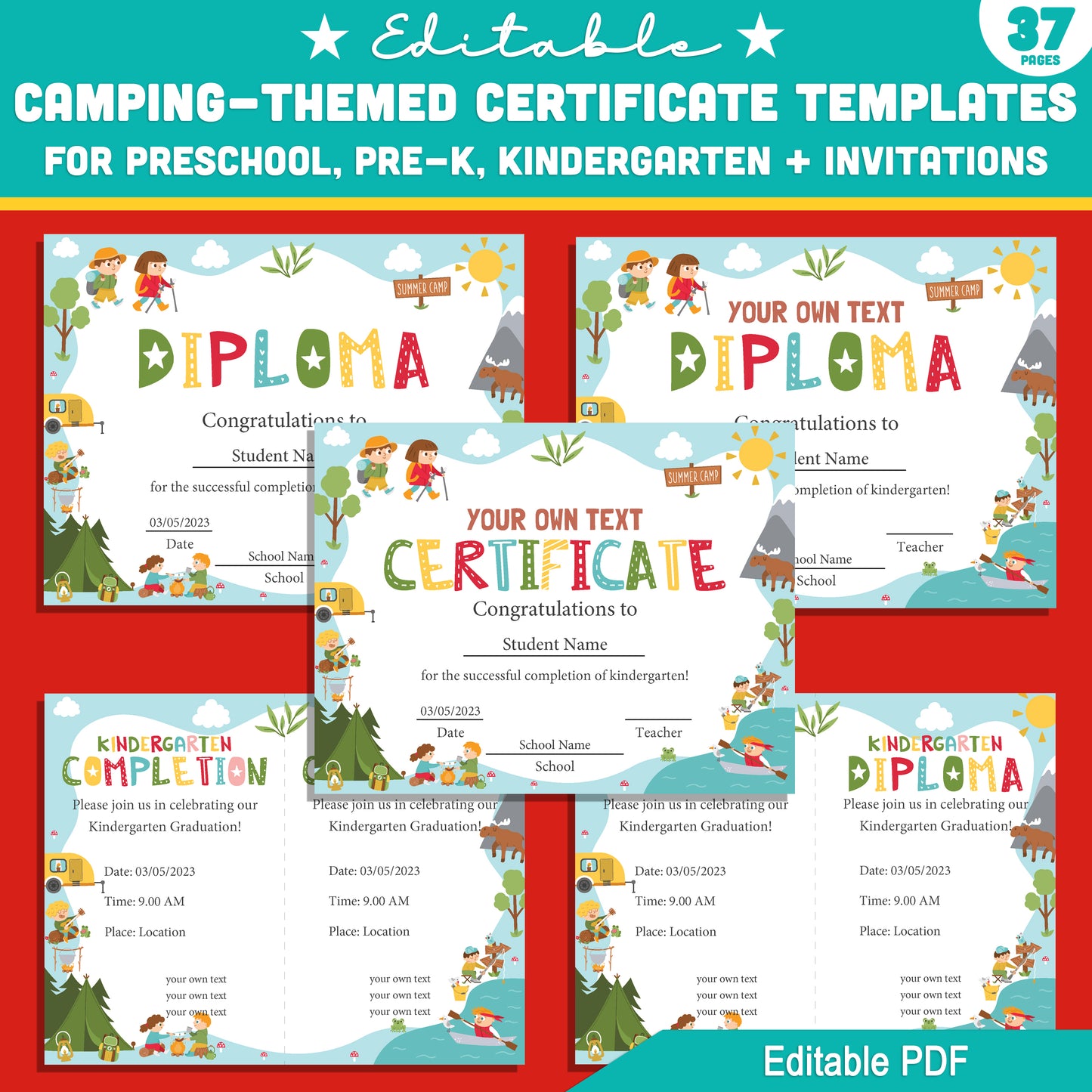 Preschool to Kindergarten Camping Certificate Pack β 37 Editable Templates with Diplomas & Invitations, Fun Outdoor Theme PDF Download