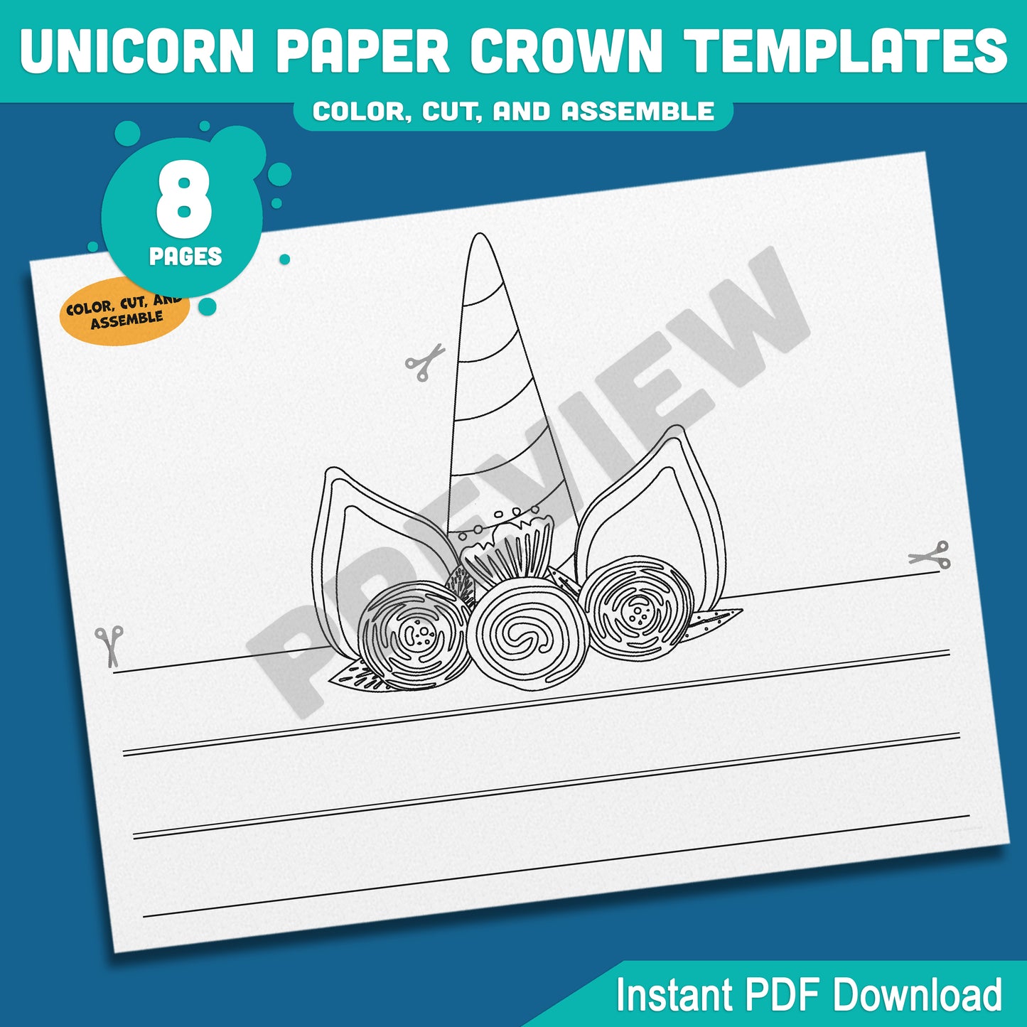 Unicorn Paper Crown Templates, Printable Headband Hat for Kids, 8 Pages, 4 Designs in Pre-Colored and Black & White, Instant PDF Download.